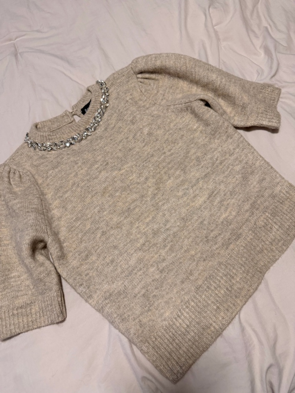 Marled Beige Crewneck Sweater with Jeweled Neckline